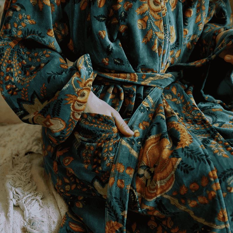 Velvet Green Orange & Blue Floral naisten kimono aamutakki Puuvillavaatteet Powell Craft 