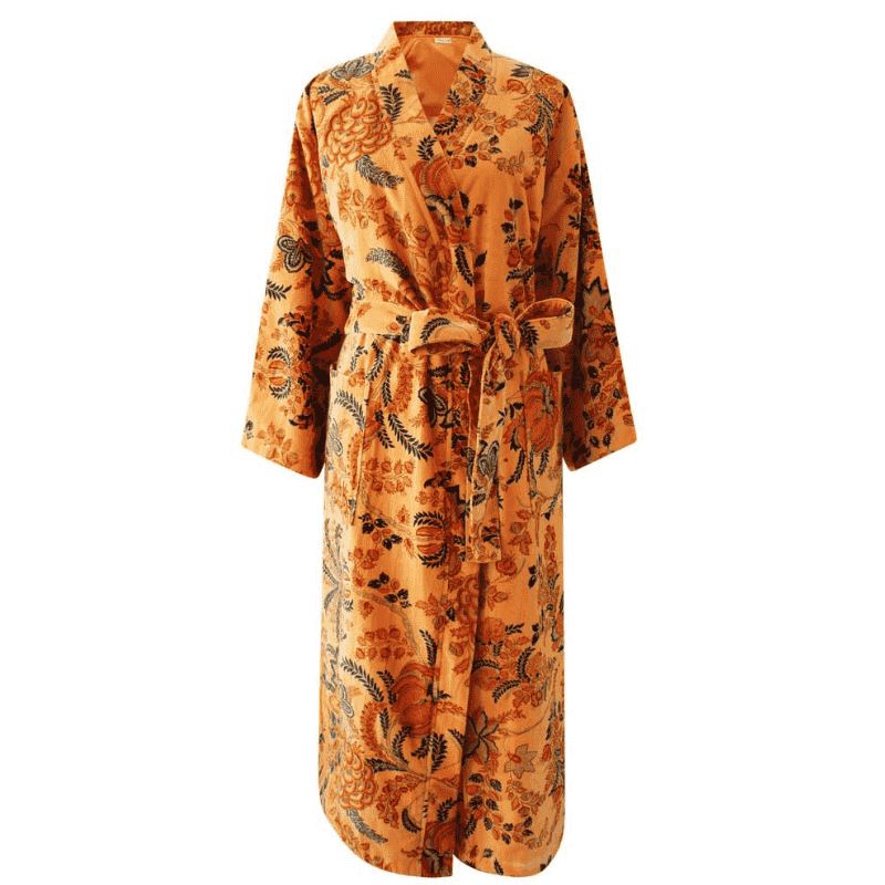 Velvet Orange, Blue & Yellow Floral naisten kimono aamutakki Puuvillavaatteet Powell Craft 