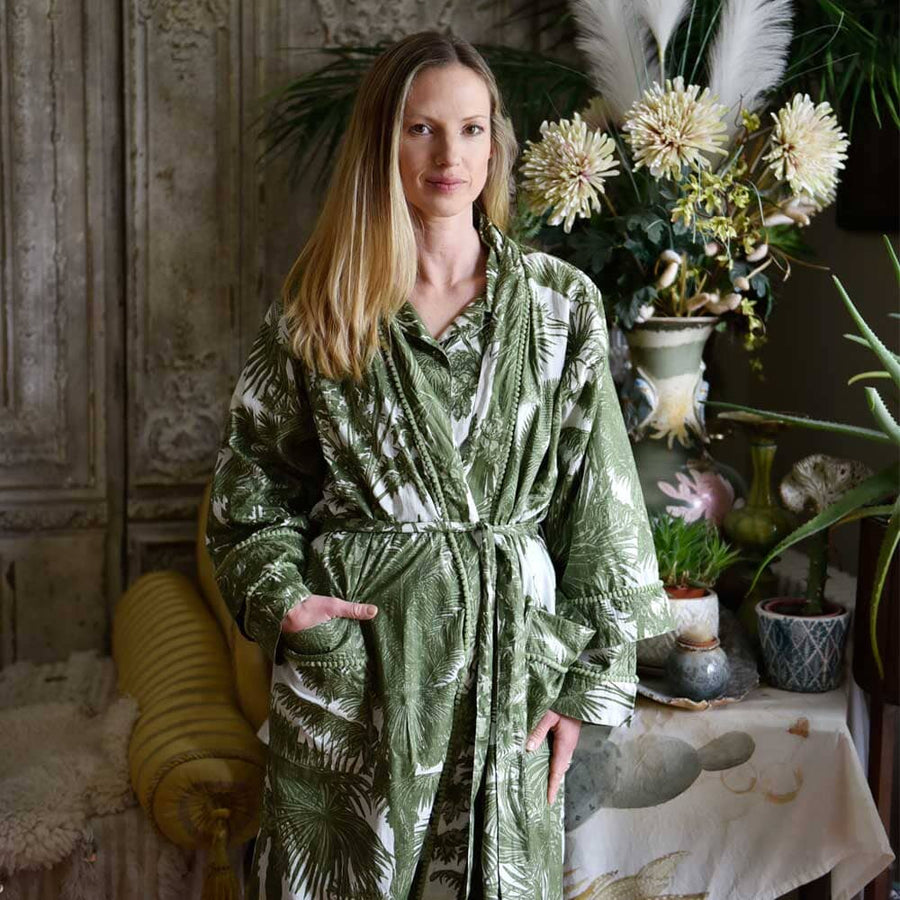 Tropical Green Fern naisten kimono aamutakki Puuvillavaatteet Powell Craft 